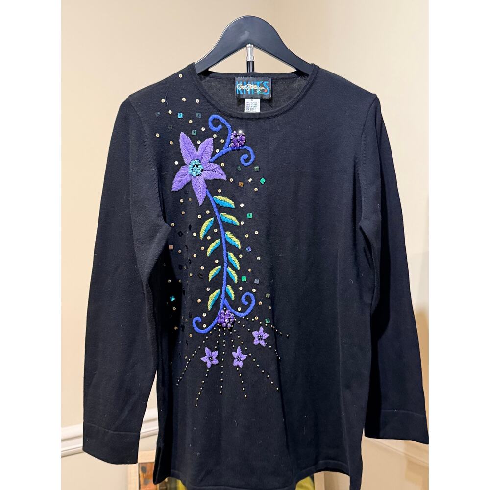 Carol Patterson Knits black tunic with purple embroidered  flower euc M